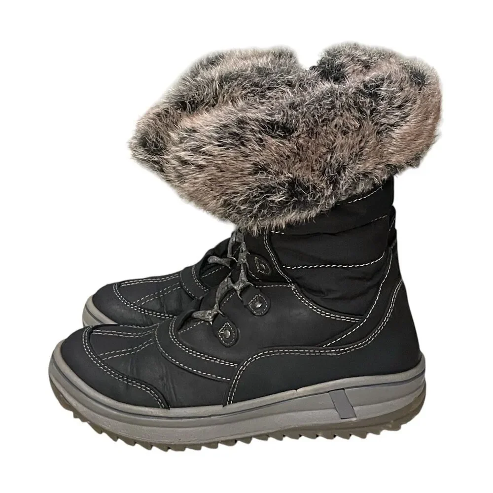 Santana Canada Myrah Winter Boots Black Faux Fur Trim Lace Up Zip Snow 38 US 7